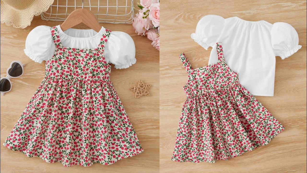 Baby Pinafore Dress/Baby Puff Sleeve Elastic Neck Top With Pinafore Dress Cutting and Stitching