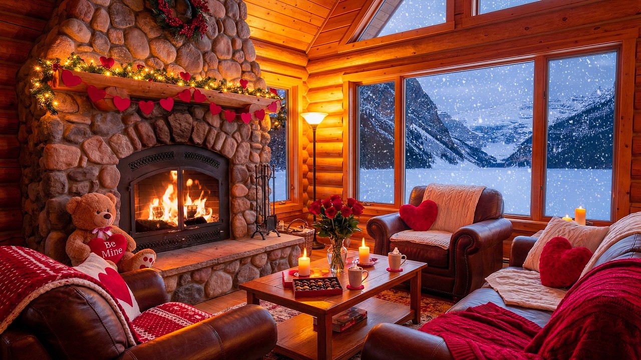 Dreamy Valentine’s Pink Snow Porch 💕❄️🔥 Soft Dreams Jazz & Cozy Fireplace Ambience for Chill & Relax