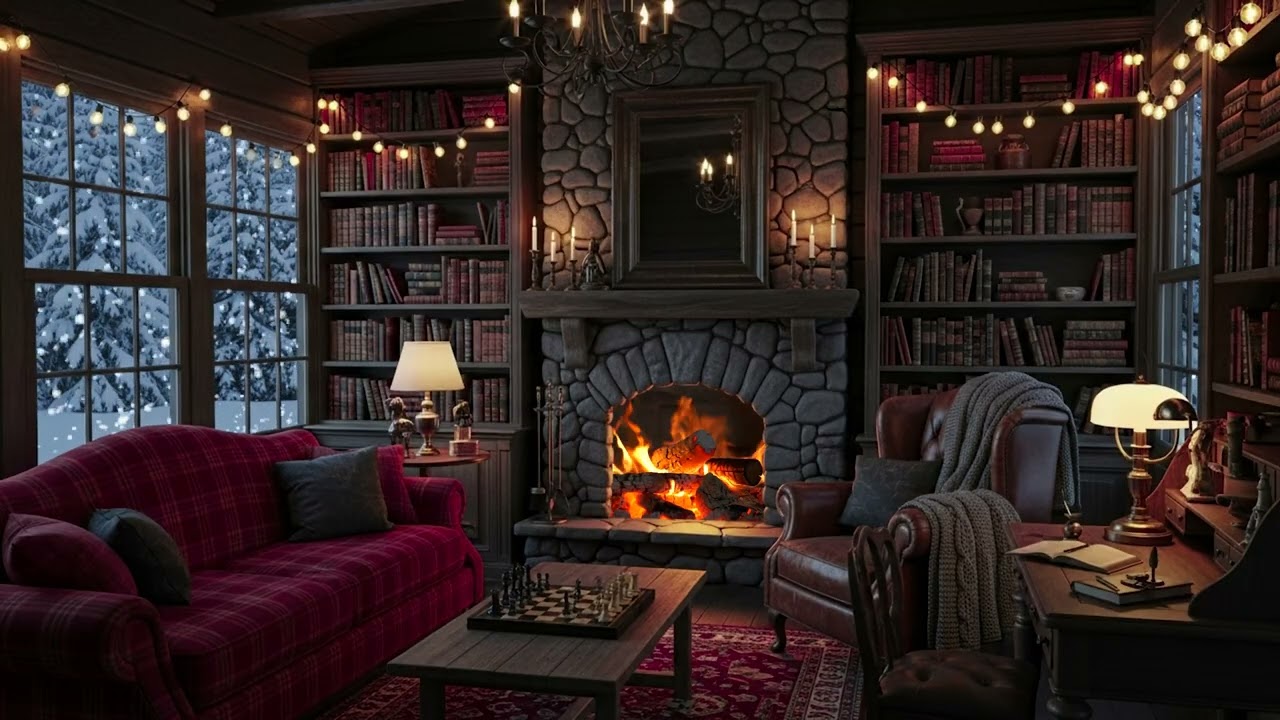 Peaceful Piano & Snowfall Fireplace Ambience | Warm Cozy Room