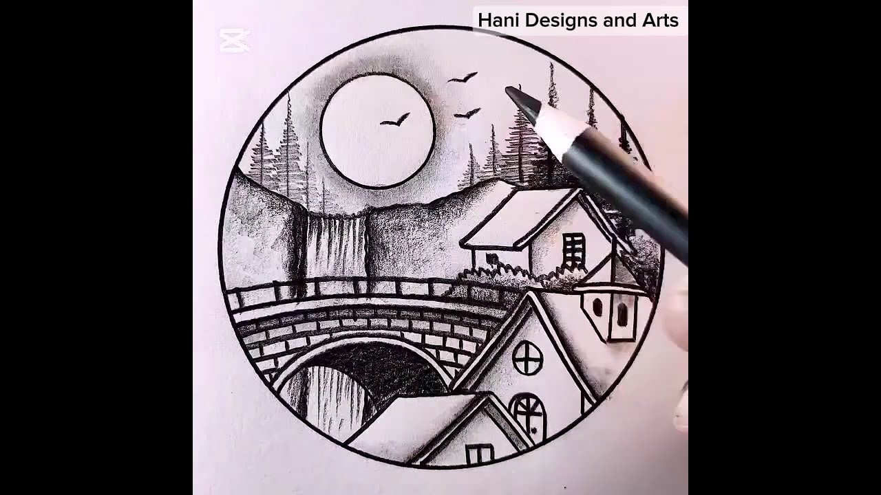 Awesome circle scenery drawing | Waterfall and bridge scenery drawing