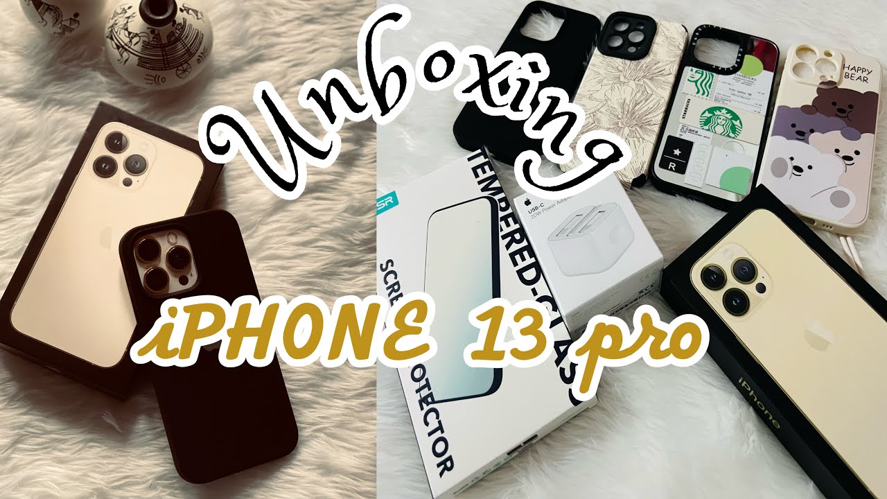 Unboxing iphone 13 pro Gold ✨+ accessories 🧸 + Case haul 🌈+ ESR screen protector 
