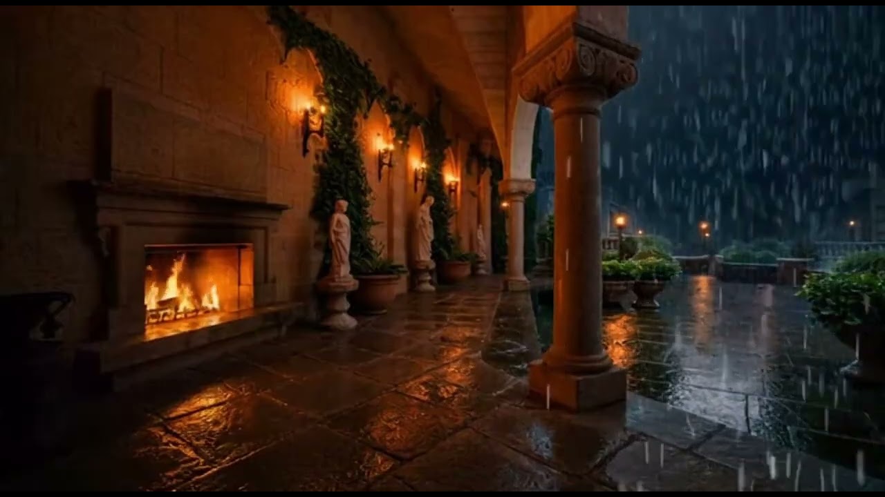Medieval Corridor with Woodburning Fireplace🌩️🔥Rainy Night by the Fire in Medieval Corridor
