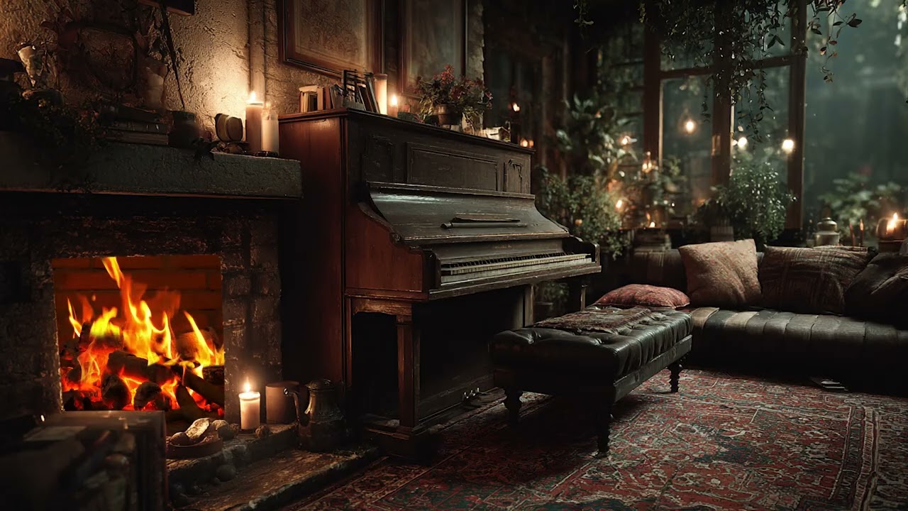 A Cozy Escape: Rain Falls Outside While the Fire Glows and Soft Piano Fills the Air – Music to Calm