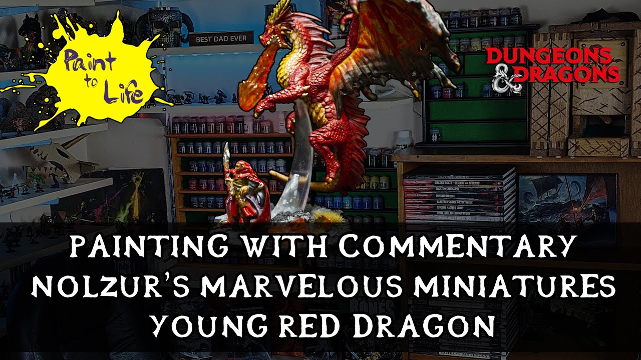 How to paint a Nolzur's Marvelous Miniatures Young Red Dragon D&D – with step by step commentary.