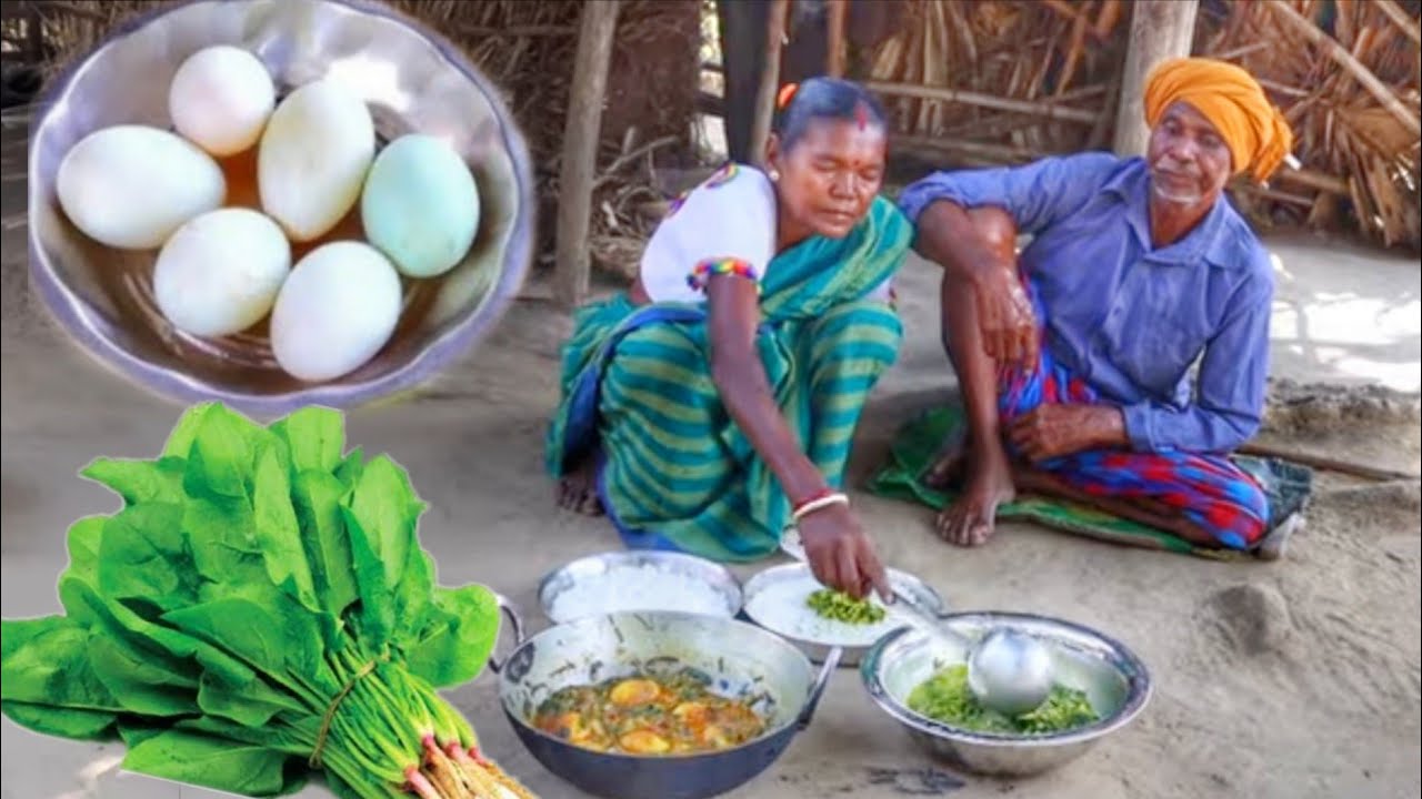 Santali grandmaa cooking & eating DUCK EGG CURRY and PALAK DAL in her tribal style