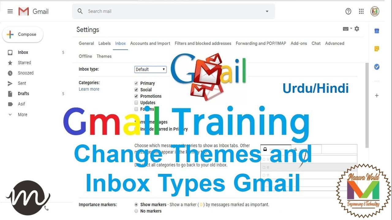 Change Themes and Inbox Types Gmail Training Tutorial Urdu/Hindi ||MaawaWorld||