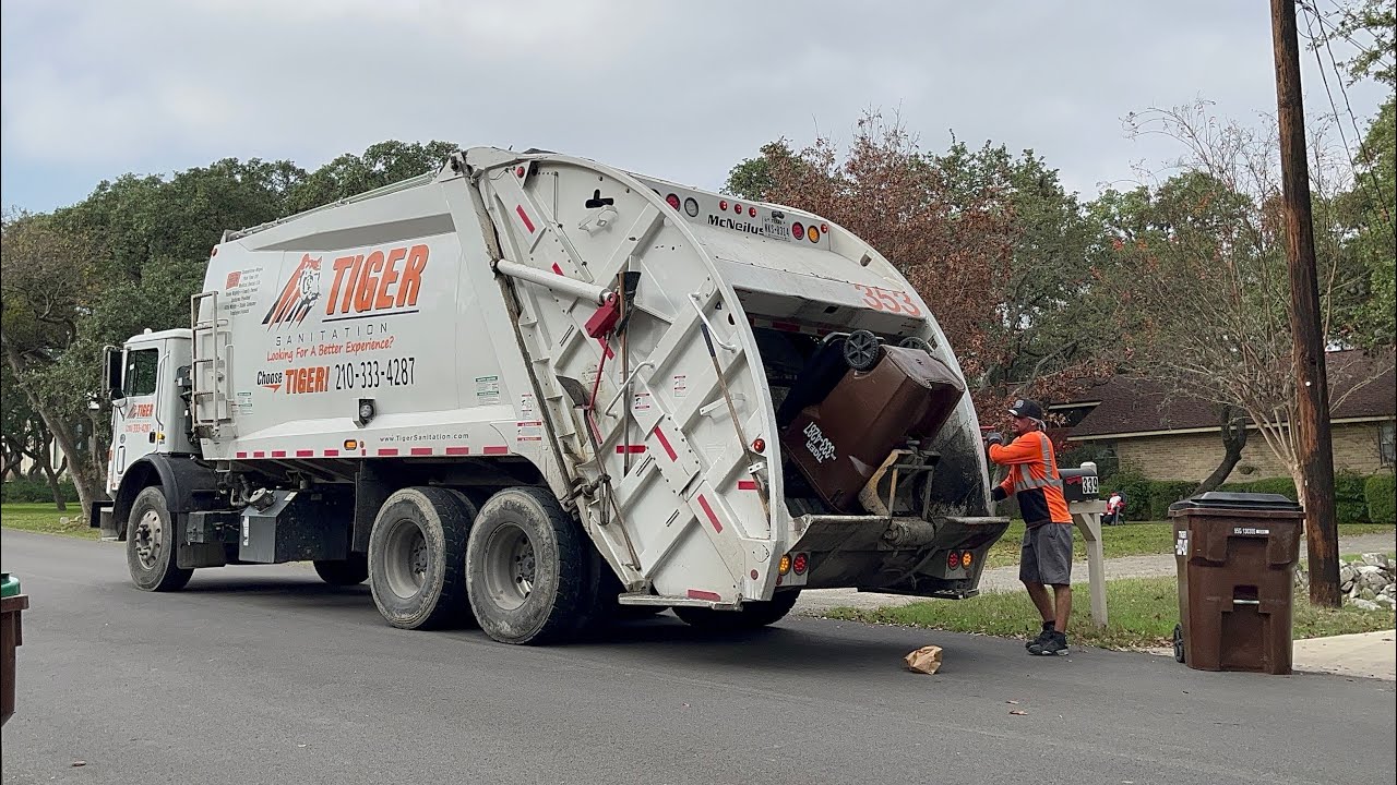 Tiger Sanitation: Fast Crew On A Mack MRU McNeilus Rear Loader Garbage Truck