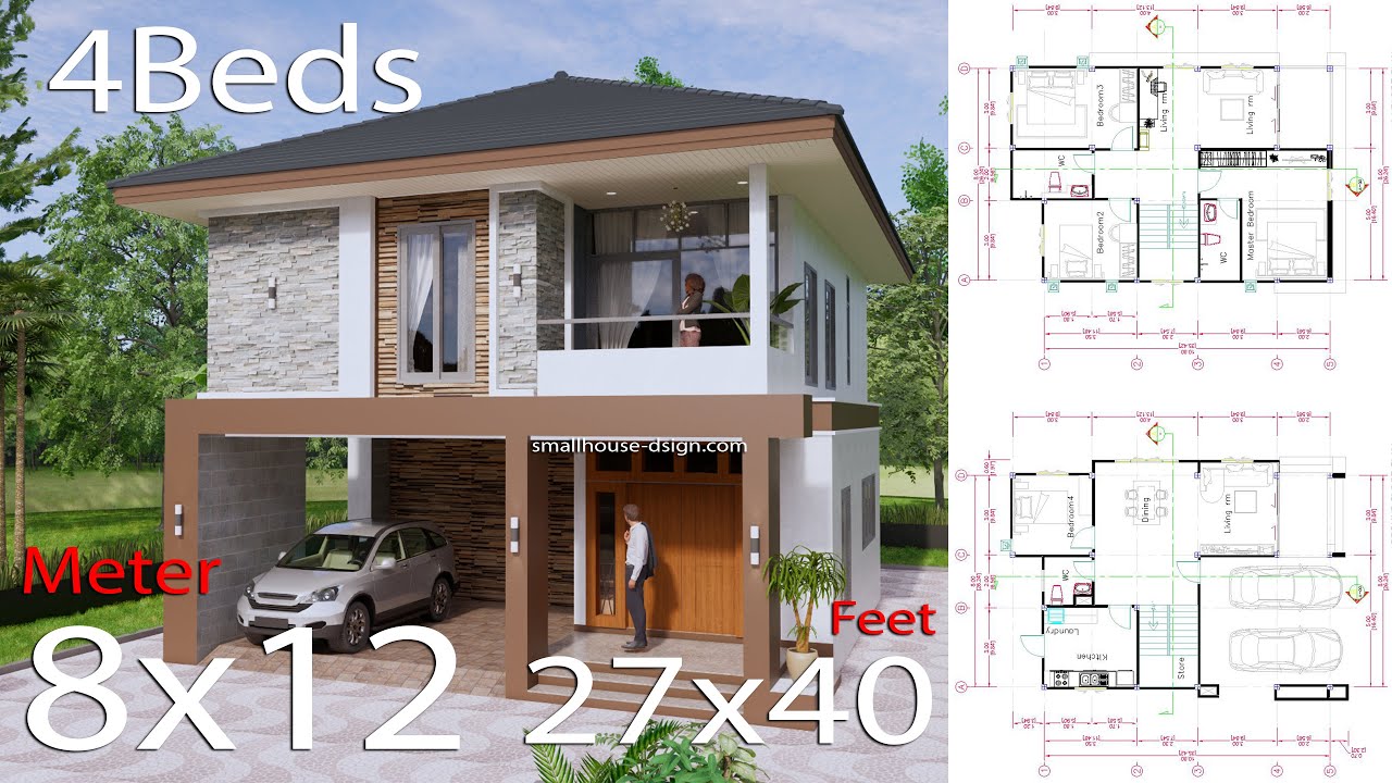 Small House Design 8x12 Meter 27x40 Feet 4 Beds
