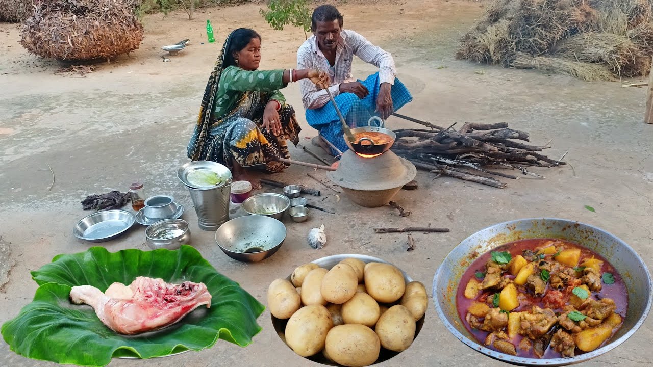potato CHICKEN MEAT curry delicious recipe tribal family village style cooking || chicken recipe