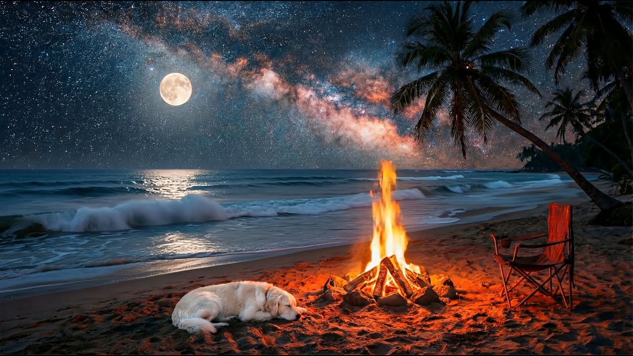 PEACE 🔴 Ocean Waves, Campfire, Sleepy Dog! 🔥🌊 ASMR No Music: Instant Calm & Deep Sleep #relax