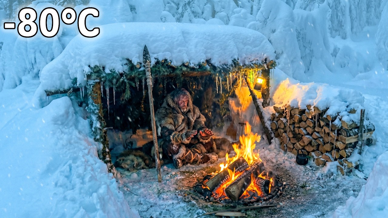 Building a Warm Winter Shelter + Cooking an Italian Beef Sandwich (Outdoor Cooking)