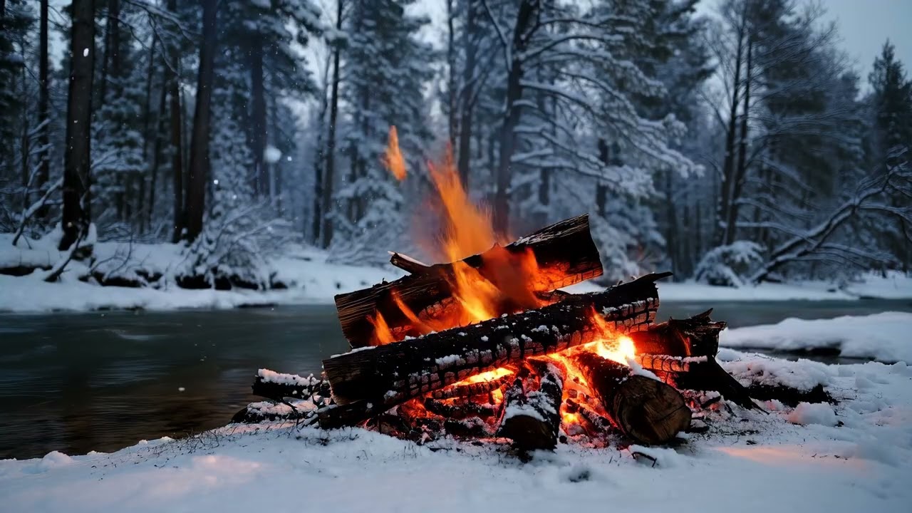 Winter Campfire by the River ❄️ 3 Hours of Crackling Fire Sounds