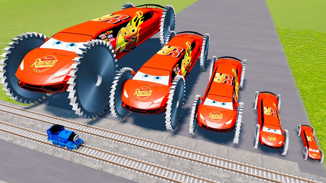 Big & Small Lamborghini McQueen Long with Saw wheels VS Train | BeamNG.drive