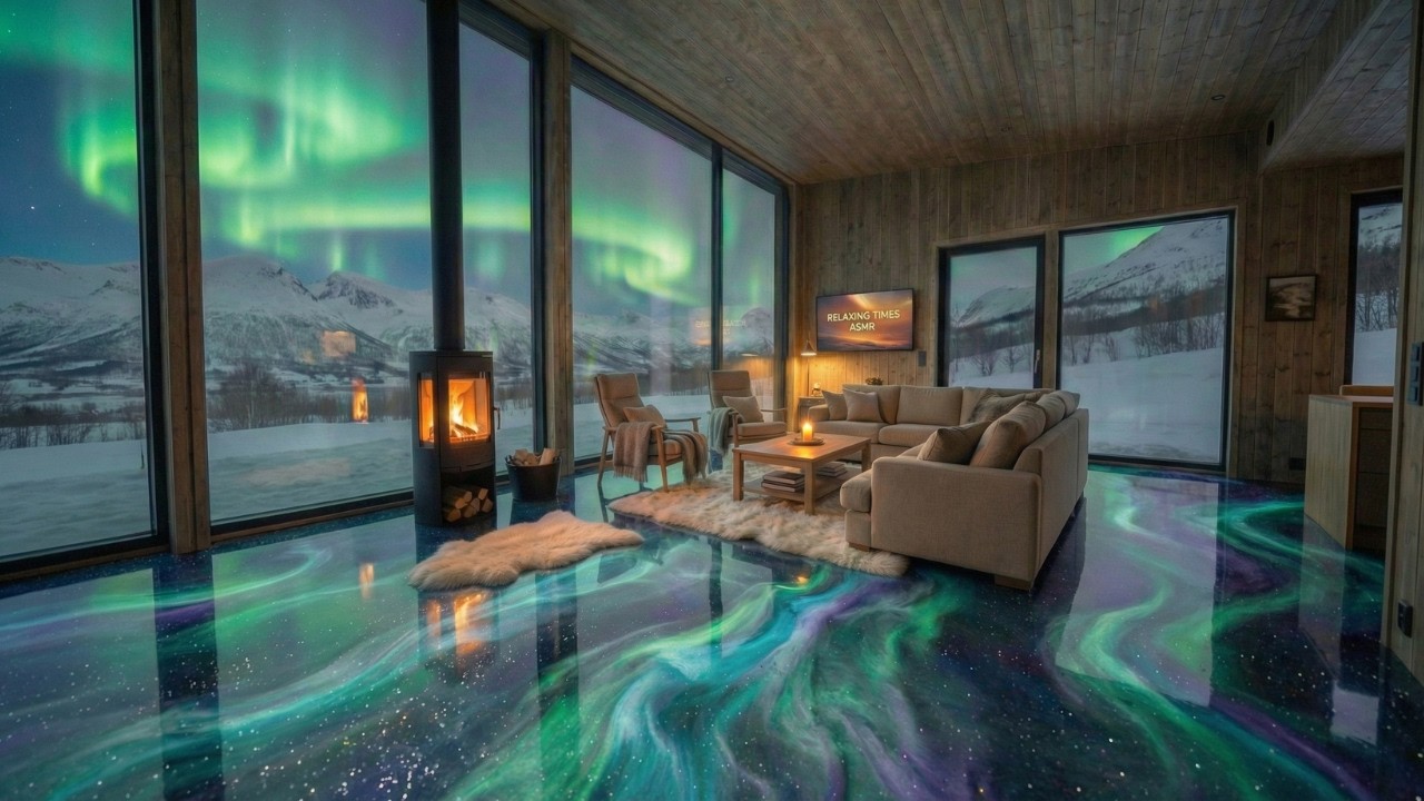 Northern Lights Cabin Ambience + Crackling Fireplace & Galaxy Floor Live Stream. Sleep, Study, Relax
