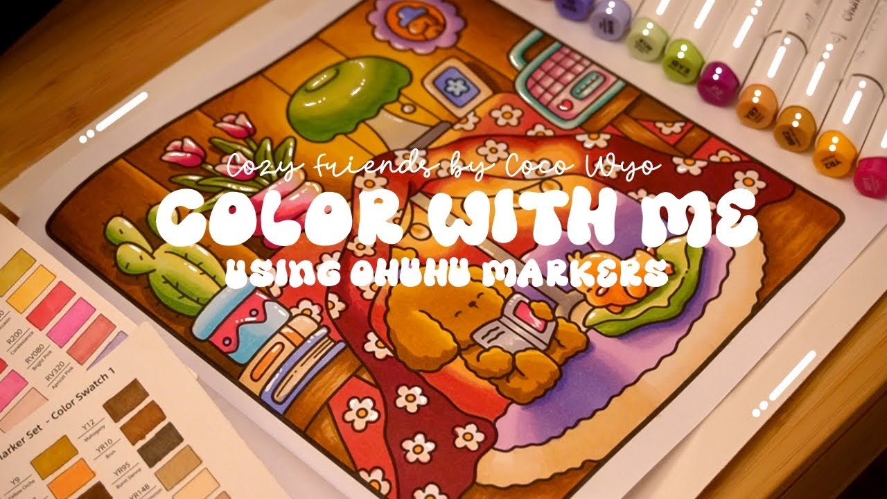 Color with me (ASMR) 🧸⛺️ 'Cozy Friends' by Coco Wyo using Ohuhu markers 🌱✏️ #adultcoloring #asmr