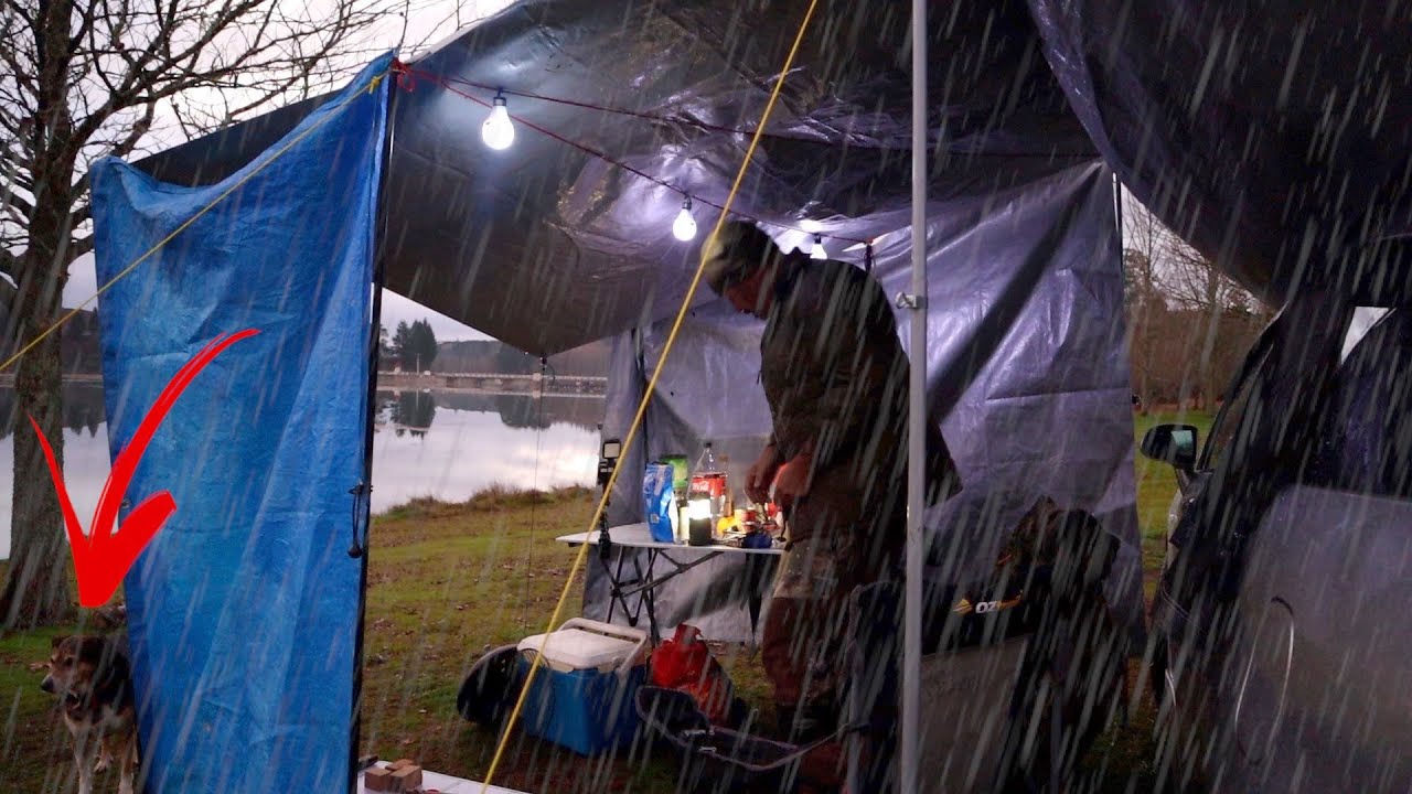 Car Camping by Dam Relax with Rain on Heavy Duty Tarp  - Tasty Weber Sausages