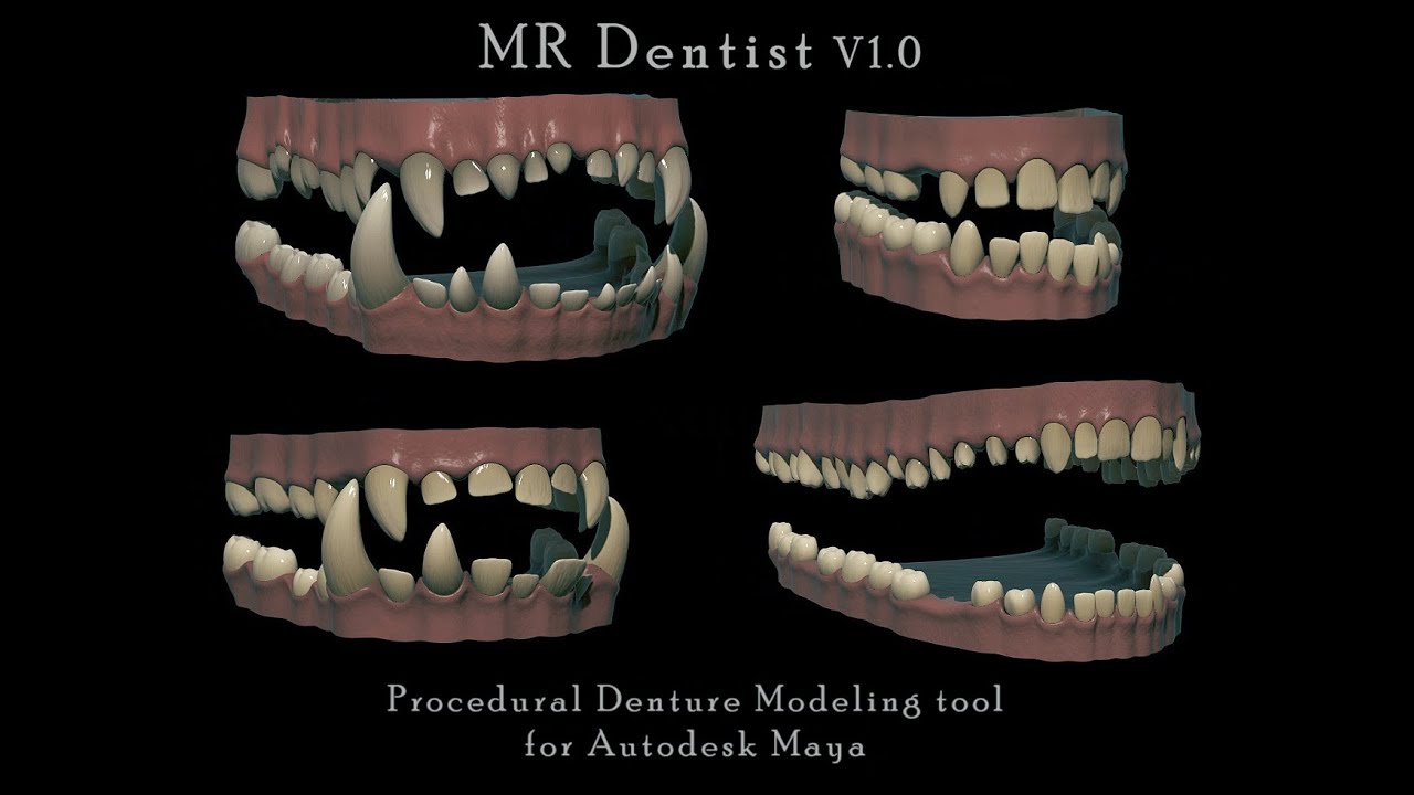 Creature Dentist Tool V1.0 Procedural Teeth & Gums Dentures Modeling Tool for Autodesk Maya