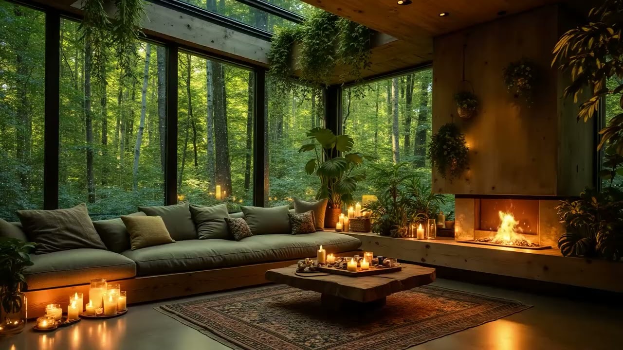 Rain on Window & Cozy Jazz 🌧️ Warm Fireplace Cabin in Spring Forest | ASMR Sleep & Focus