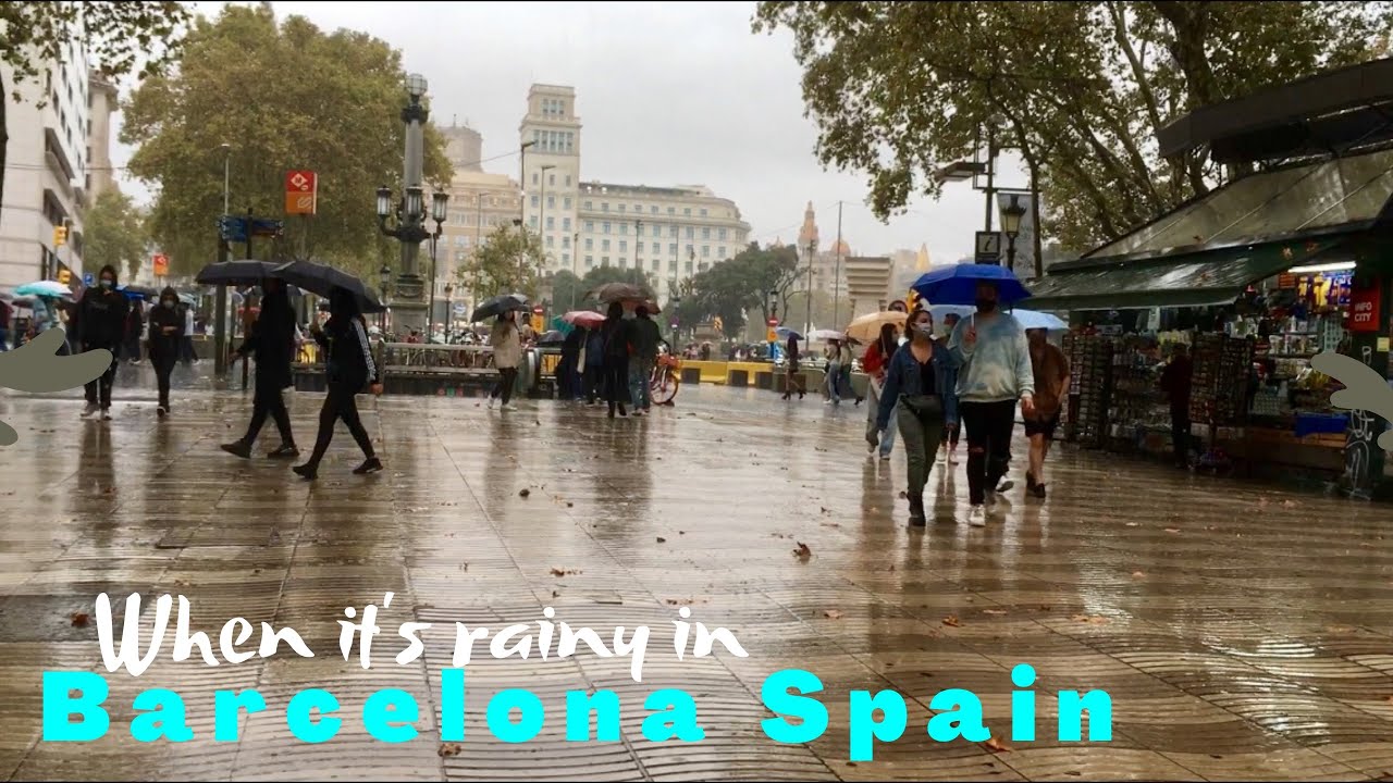 Rainy Walk in Barcelona from MACBA, La Rambla to Plaza Universitat Areas - Spain