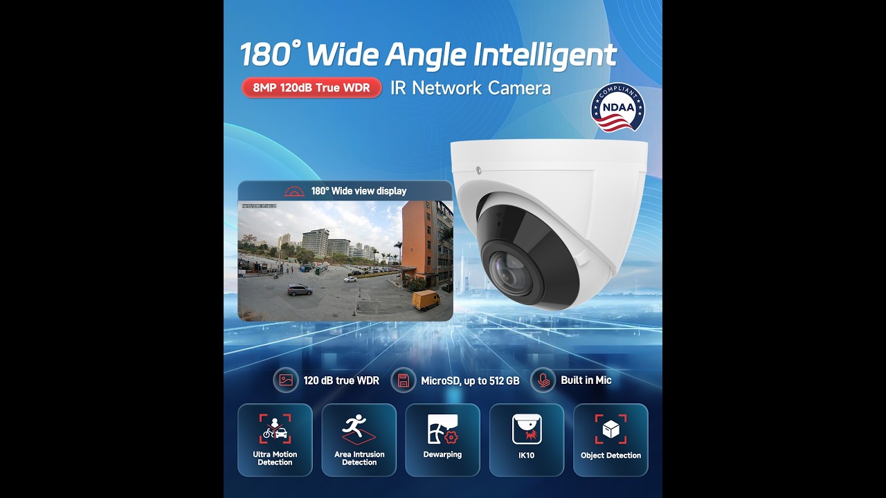 180degree wide angle turret IR AI POE IP Camera day video demo