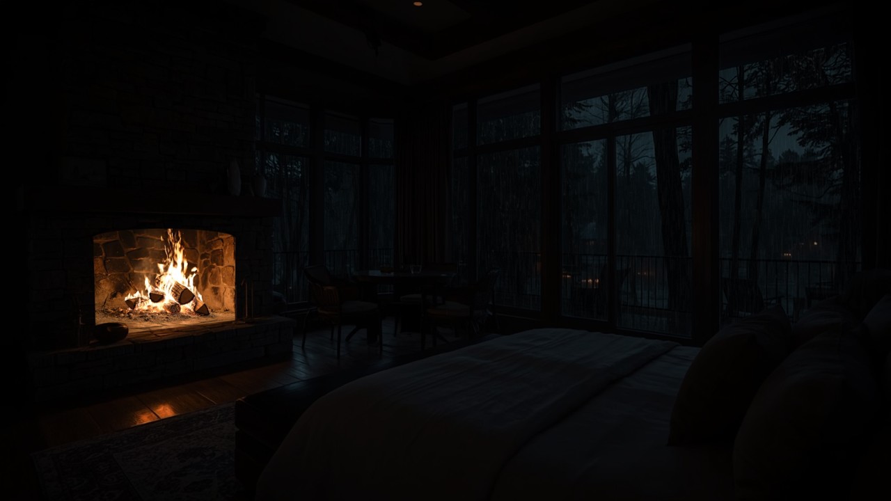 Cabin Night and Warm Fireplace | Cozy Rainy Forest Sounds for Sleep