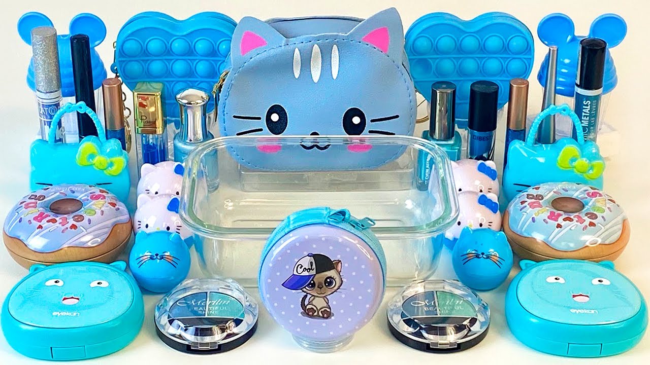 ASMR Slime Mixing ”BLUE” 💙💦💤 makeup, Eyeshadow, glitter into slime. Satisfying slime video.