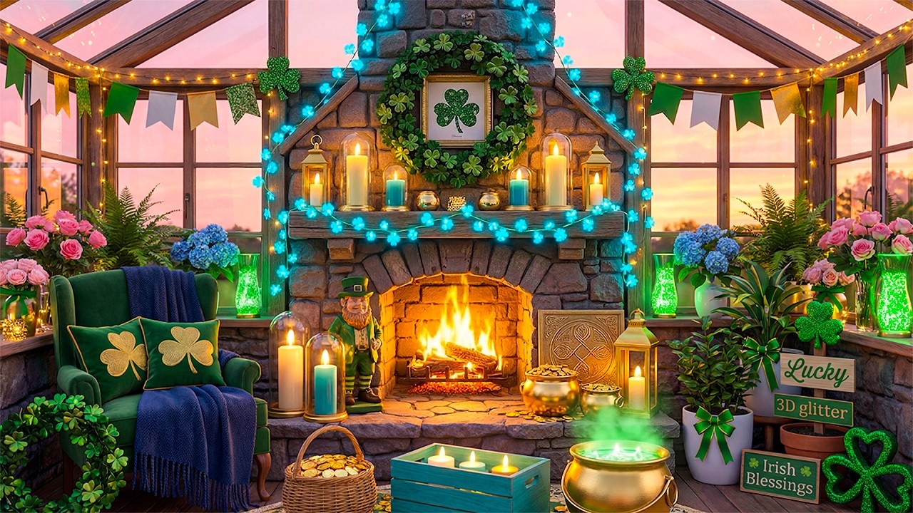 St Patrick’s Day Fireplace Ambience 🍀 Relaxing St Patrick’s Day Instrumentals🔥Crackling Fireplace