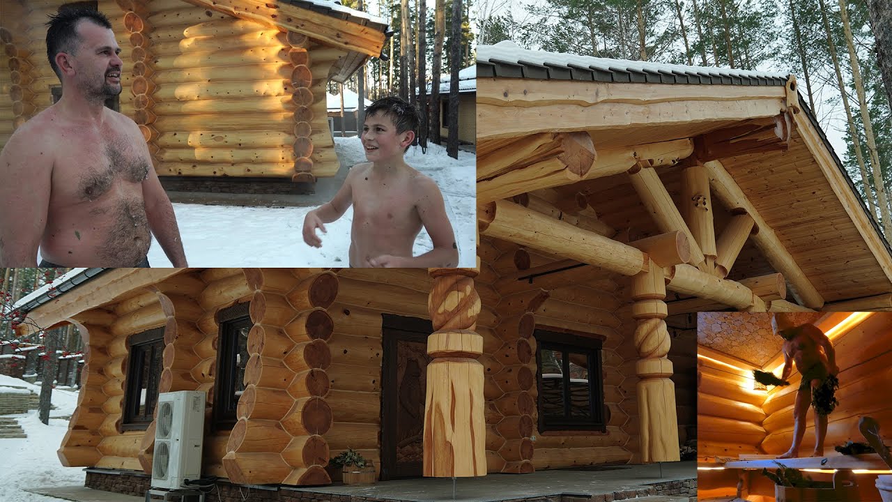 Паримся с сыном в бане из кедра