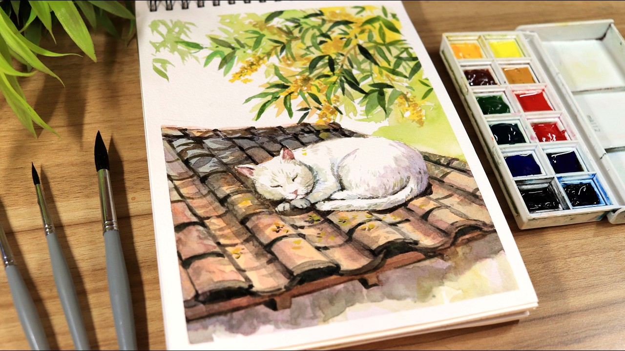 Watercolor Painting Idea of Relaxing Tree and Roof Scene step by step