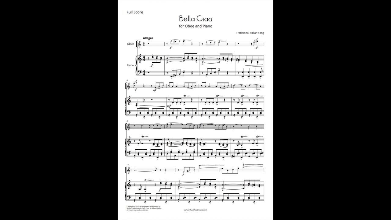 Bella Ciao for Oboe and Piano - Sheet Music - Score and Parts