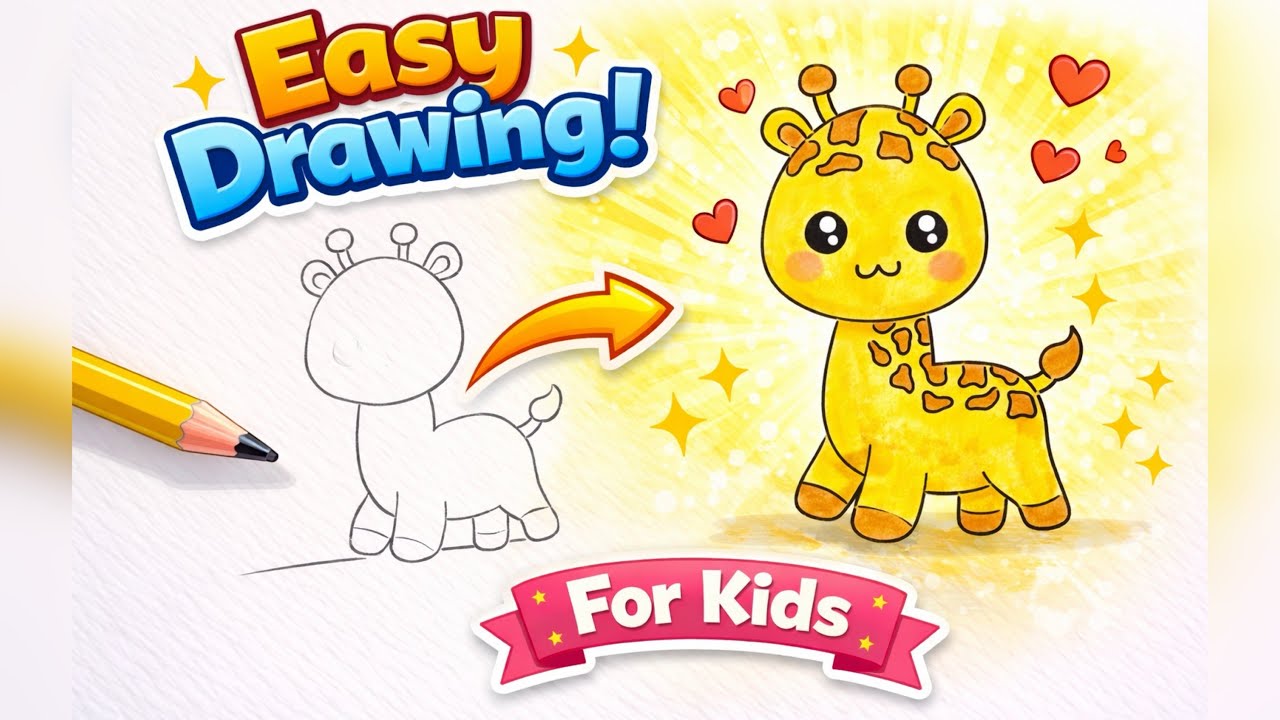 Easy Giraffe Drawing for Kids 🦒 | Step by Step Cute Drawing #kidsbyzakiya 