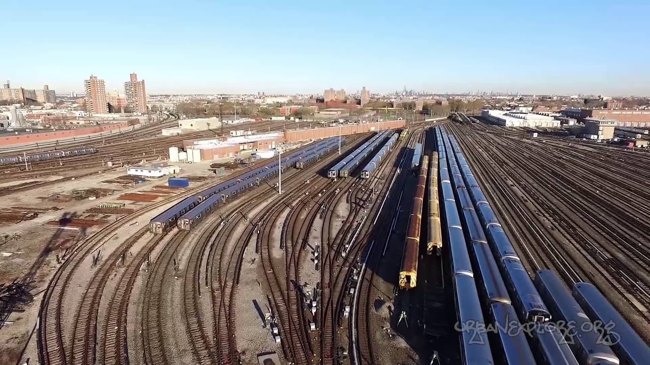 NYC Brooklyn MTA Subway Yard - drone aerial fly over New York City
