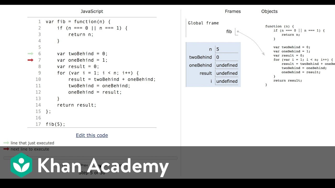 Bottom-up Fibonacci: Visualization of JS code execution