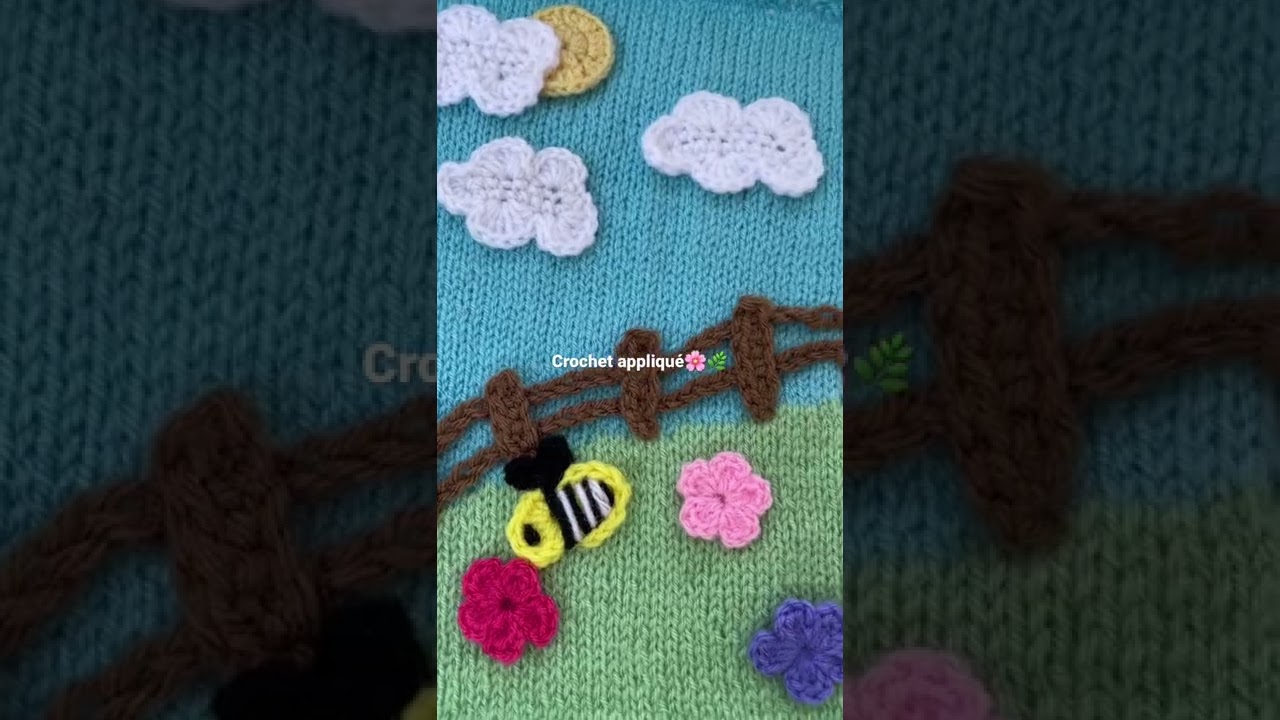 Swatching - crochet appliqu&eacute; on a knitted base🌸🌿 #crochetlove #crochetflower #crochetapplique