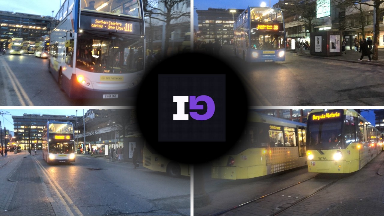Buses and Trams in Manchester Piccadilly Gardens