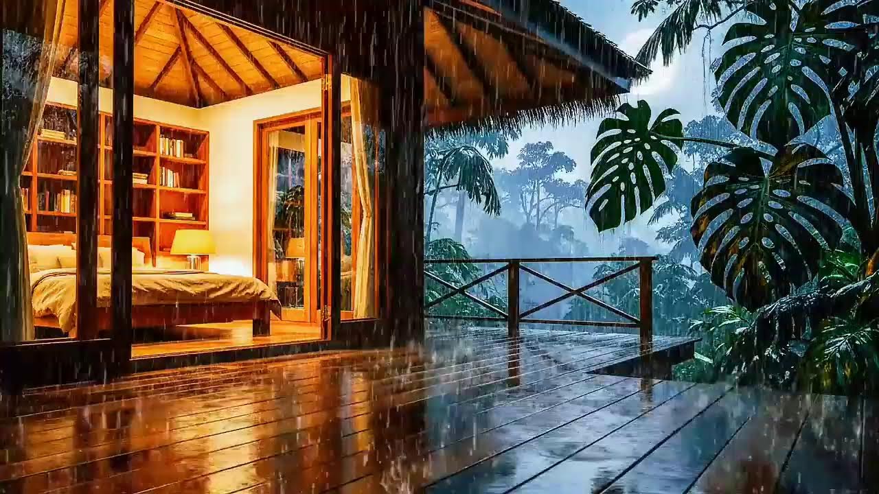 Heavy Tropical Rain 🌧️ Cozy Jungle Glass House Ambience | Sleep, Relax, Study