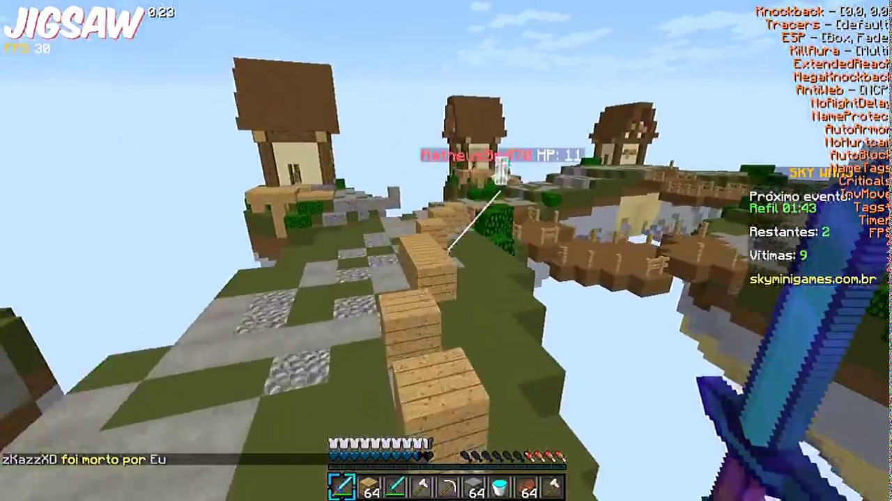 Minecraft | SkyMiniGames | Usando Hack no SkyWars! Client Jigsaw 1.8