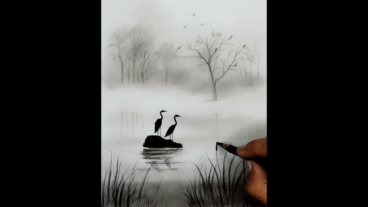 Pencil Drawing Scenery Step by Step | Misty and Fogy Village Landscape Scenery for Beginners