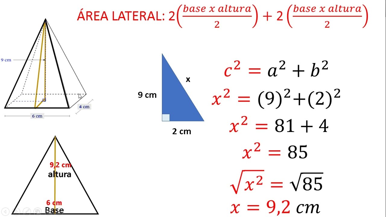 ÁREA TOTAL (LATERAL Y BASE) DE UNA PIRÁMIDE RECTÁNGULAR HALLANDO LA ALTURA DE UN TRIÁNGULO