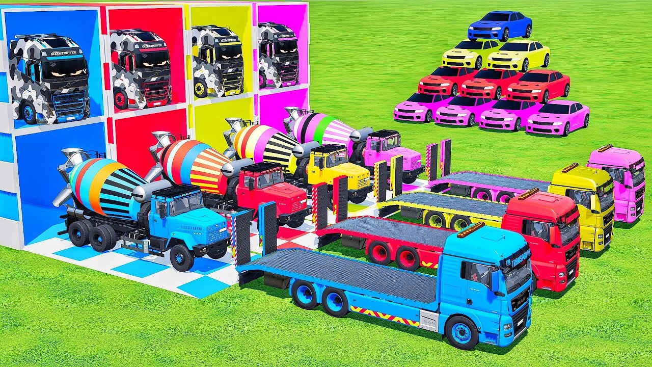 Garage with colors - ALL MIXER TRUCK WITH DOBLE FLATBED TRAILER TRUCK, DACIA, MACK, KAMAZ, VOLVO