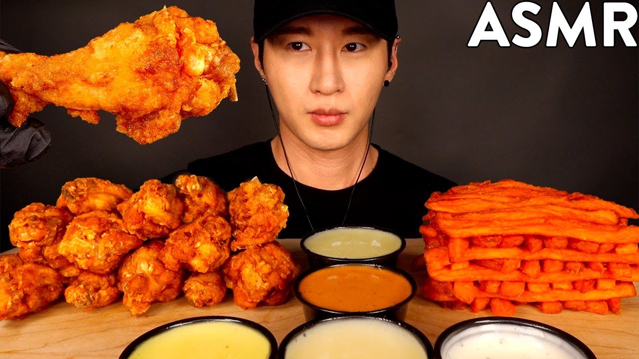 ASMR GARLIC CHICKEN WINGS & SWEET POTATO FRIES MUKBANG (No Talking) EATING SOUNDS | Zach Choi ASMR