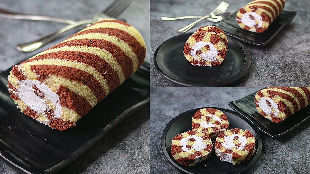 Eggless Zebra Swiss Roll Cake | Yummy | Zebra Roll Cake Recipe