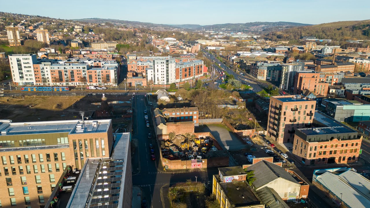 4k drone video of the Shalesmoor area of Sheffield