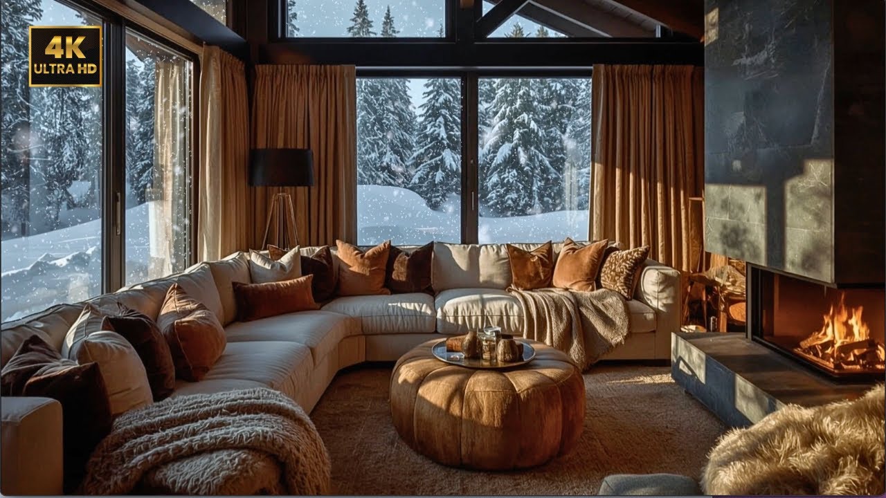 Golden Winter Hearth Lounge ❄️ Snow & Fireplace | Night Sleep Sounds (No Music)