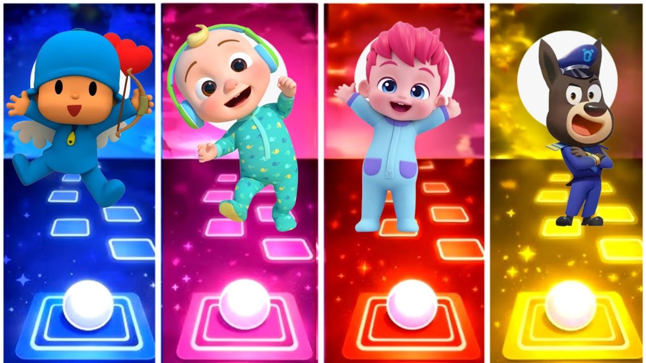 Pocoyo vs Cocomelon vs Bebefinn vs sheriff labrador.Tiles hope edm rush game.