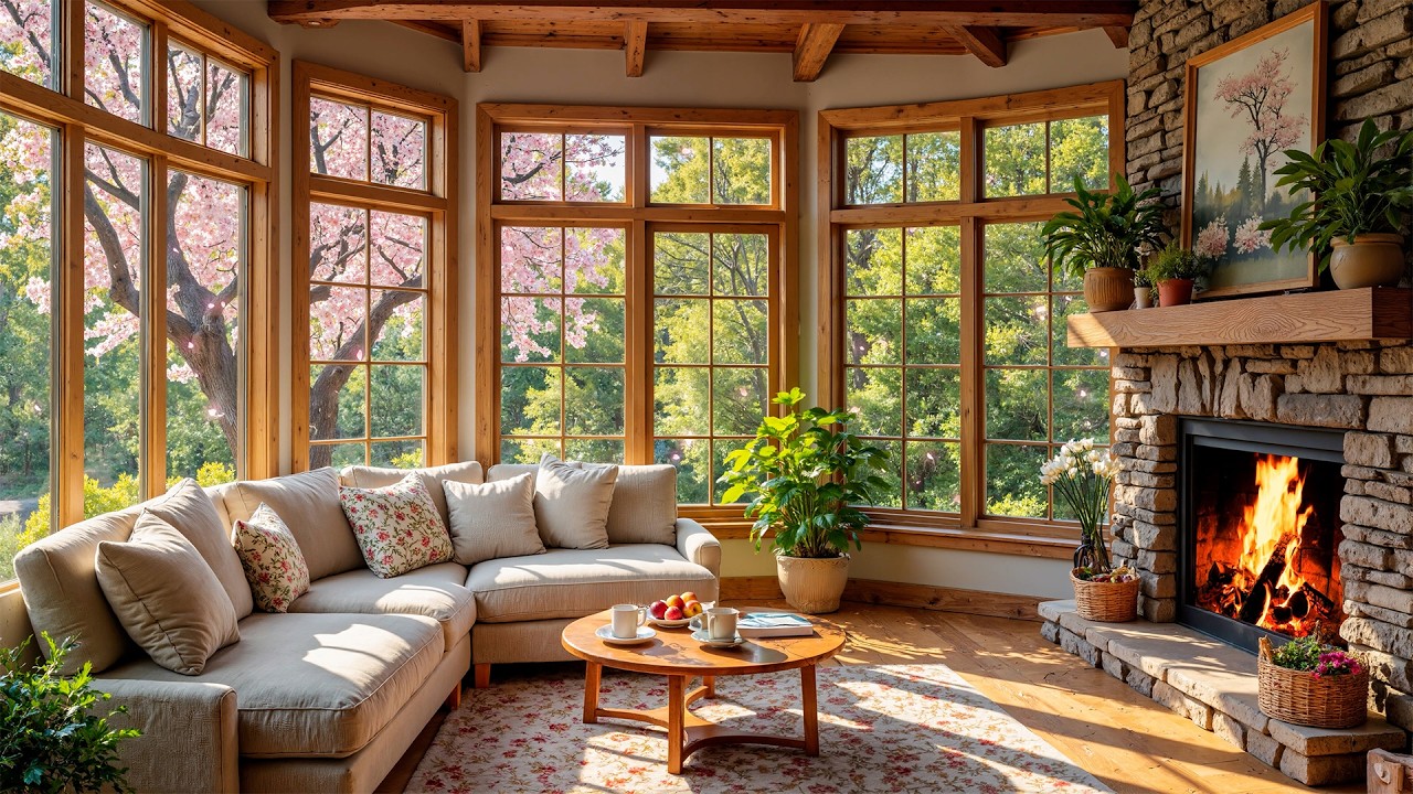 Peaceful Morning Spring Cabin 🌿🔥 Soft Piano & with Crackling Fire Sounds for Work & Study