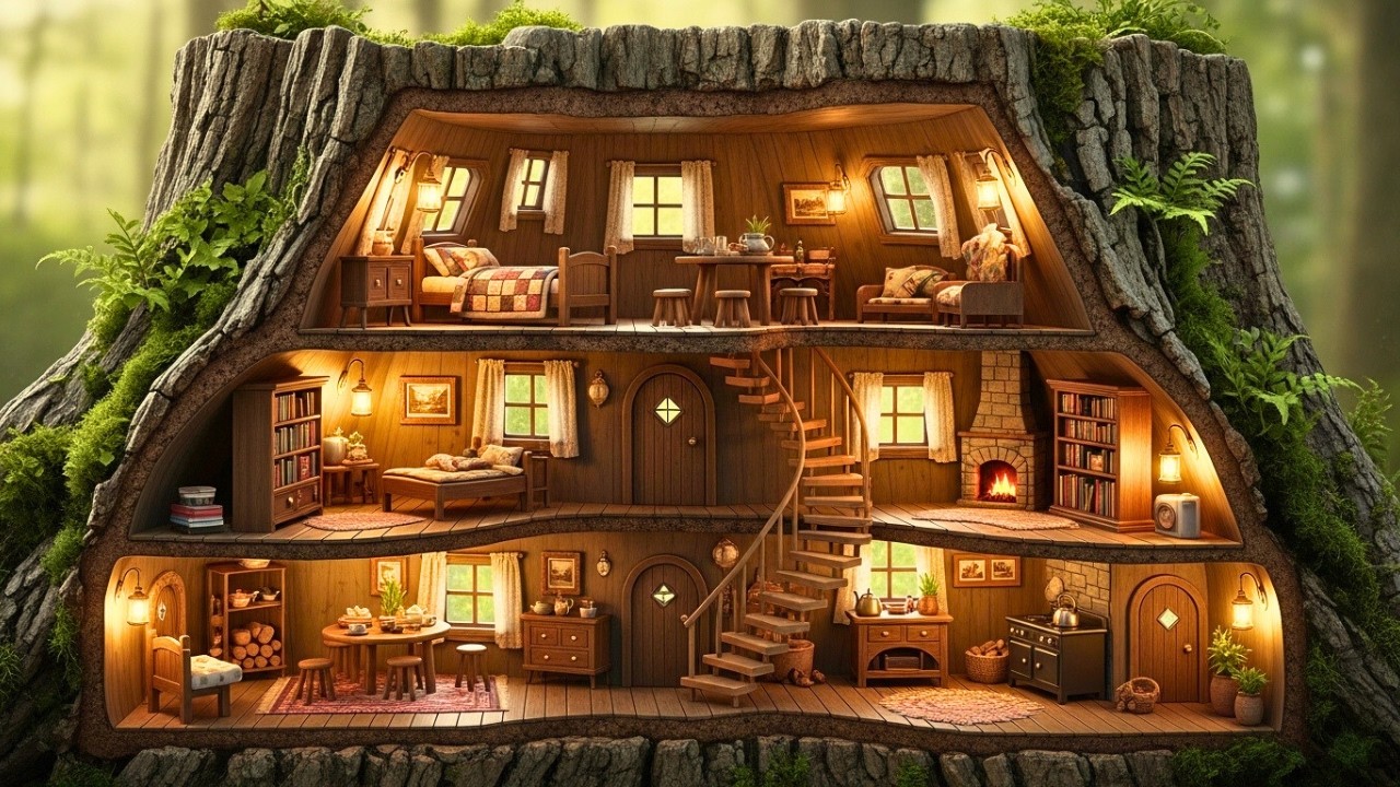 Building a Secret Home Inside a 1000 Year Old Giant Tree Stump  ASMR