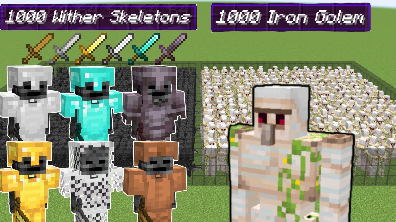 1000 iron golems vs 1000 all sword wielding wither skeletons | Minecraft Mob Battle