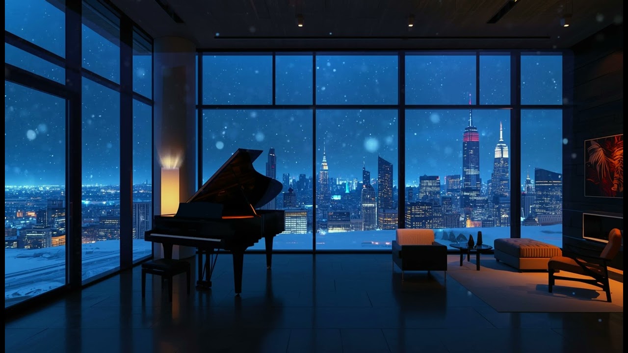 Cozy Night Piano 🌃 Winter Penthouse Snow Ambience