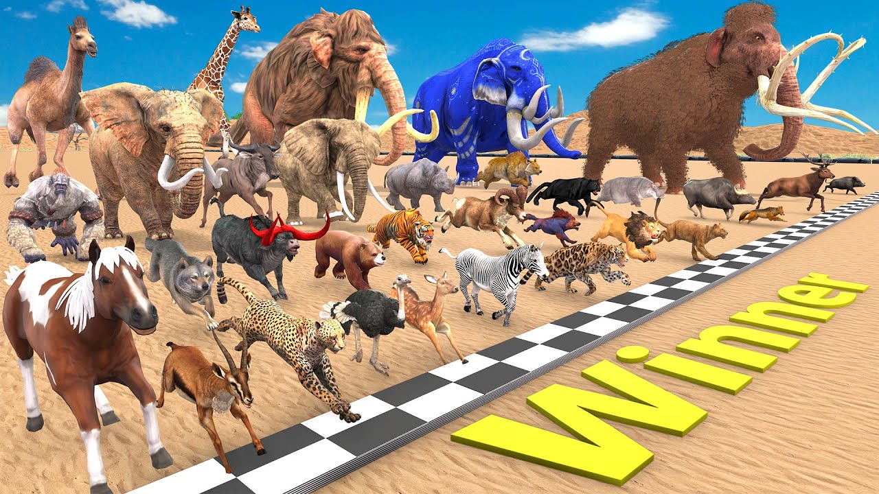 Epic Race with 40 Wild Animals vs Prehistoric Mammals Mammoth Elephants Desert Dash Who Will Win ?